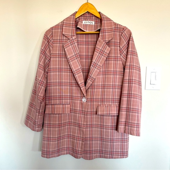 yija fashion Jackets & Blazers - Oversized Pink Plaid Blazer